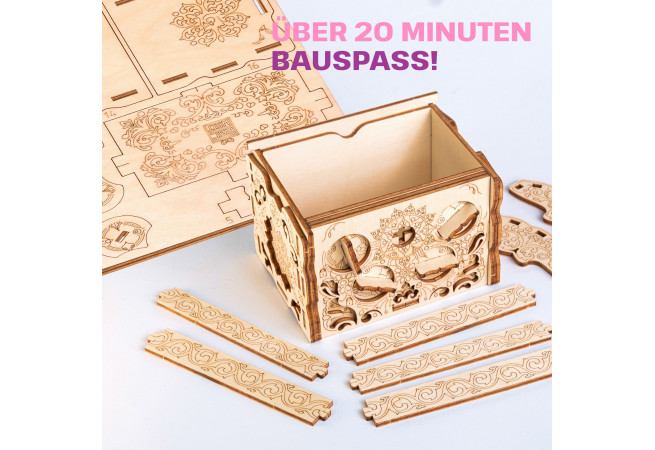 Fotos und Abbildungen von Wooden Secret TREASURE BOX, 3D PUZZLE BAUSATZ ZUM SELBERBAUEN. ESC WELT.