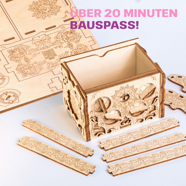 Fotos und Abbildungen von Holz Secretbox Schatz, 3D PUZZLE BAUSATZ ZUM SELBERBAUEN. ESC WELT.