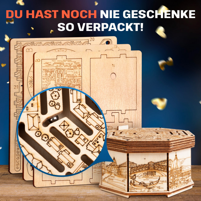 Fotos und Abbildungen von Wooden Secret MAZE BOX 3D PUZZLE BAUSATZ ZUM SELBERBAUEN. ESC WELT.