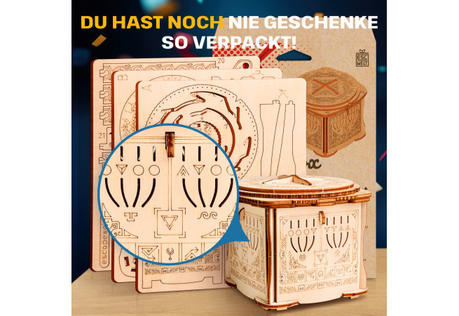 Fotos und Abbildungen von Wooden Secret LOCK BOX, 3D PUZZLE BAUSATZ ZUM SELBERBAUEN. ESC WELT.