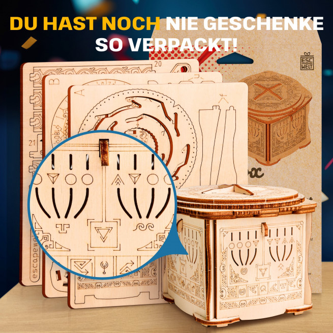 Fotos und Abbildungen von Wooden Secret LOCK BOX, 3D PUZZLE BAUSATZ ZUM SELBERBAUEN. ESC WELT.