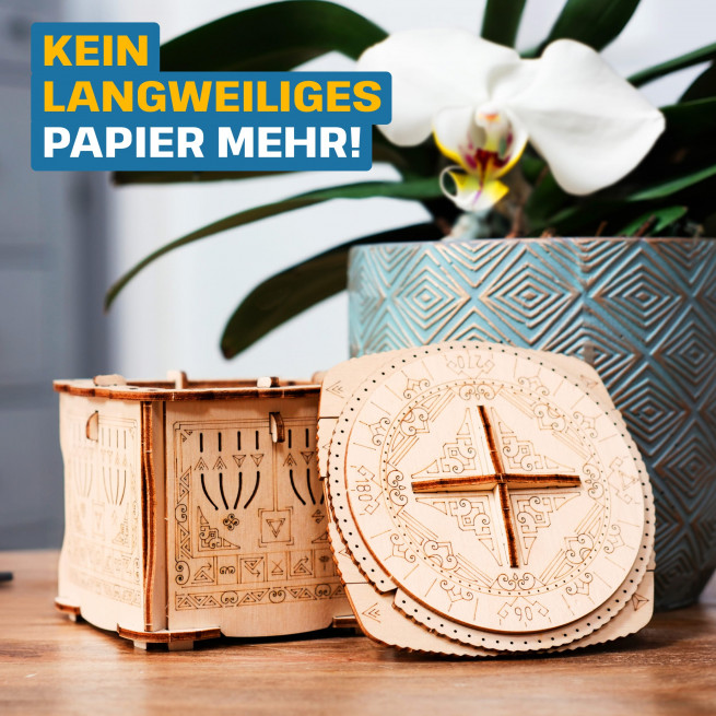 Fotos und Abbildungen von Wooden Secret LOCK BOX, 3D PUZZLE BAUSATZ ZUM SELBERBAUEN. ESC WELT.