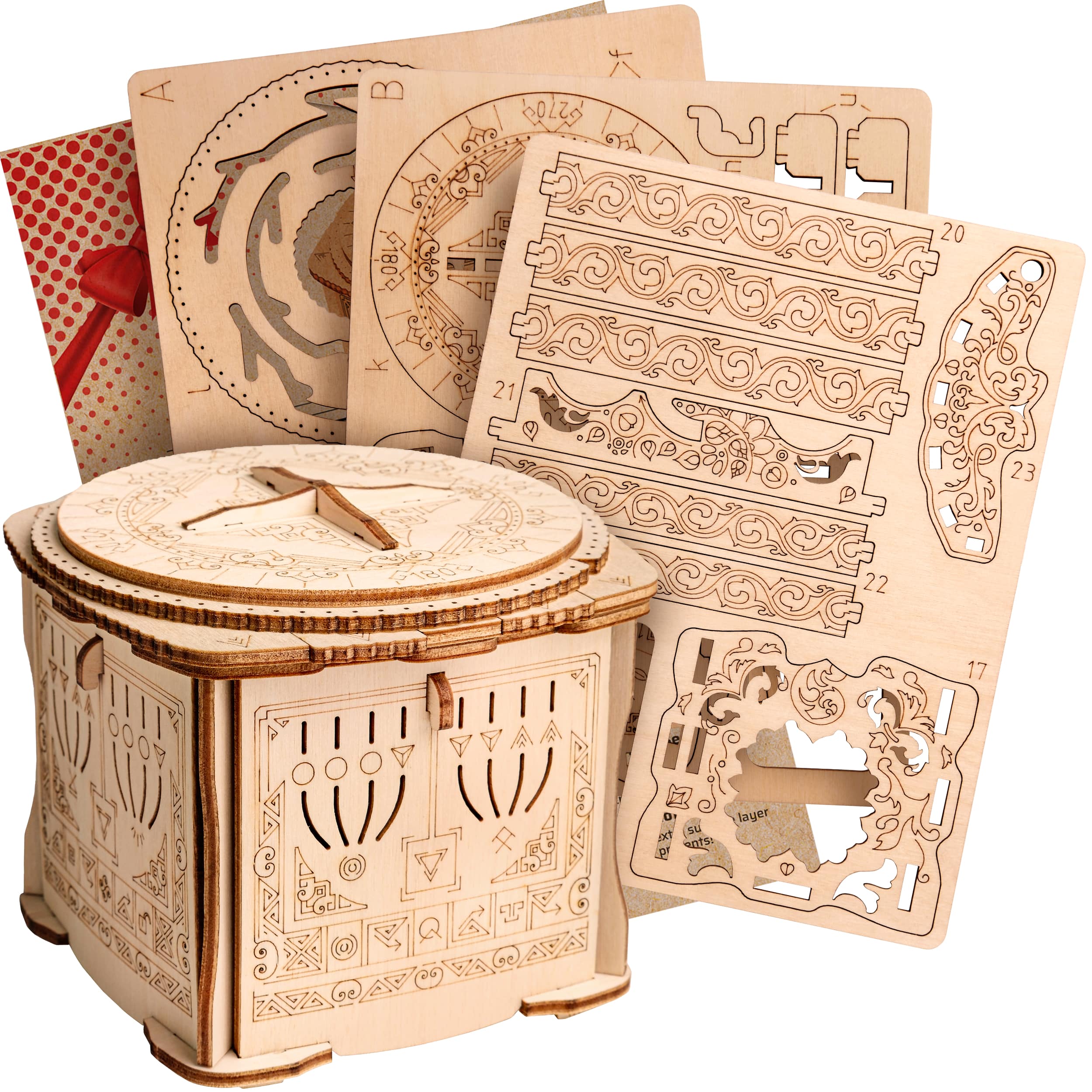 Fotos und Abbildungen von Wooden Secret LOCK BOX, 3D PUZZLE BAUSATZ ZUM SELBERBAUEN. ESC WELT.