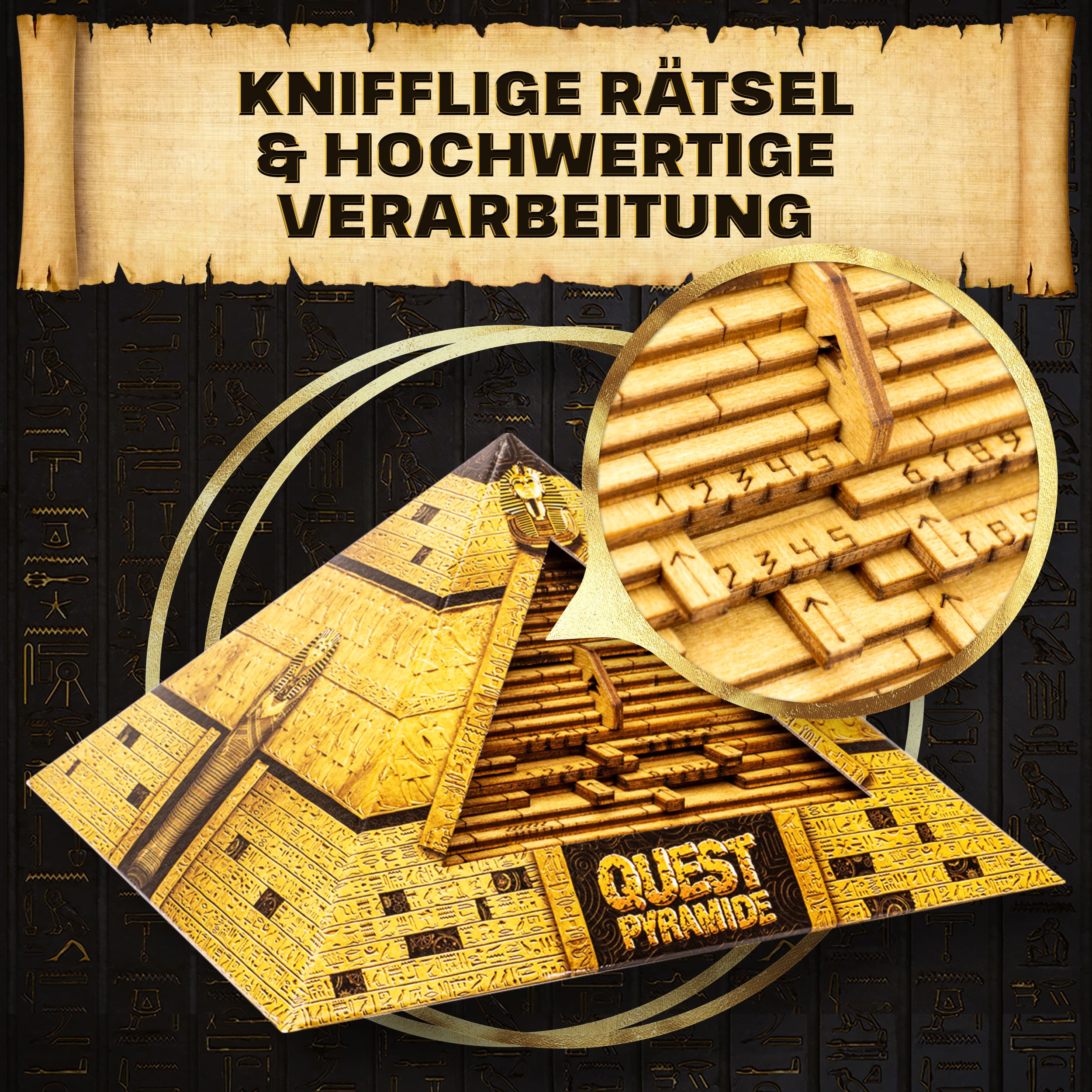 Fotos und Abbildungen von ESC WELT Quest Pyramide - Escape Room Spiel - Geschenke für Männer und Frauen - Holzpuzzle Erwachsene - 3D Puzzle Box Spiele aus Holz für Erwachsene - Geschenkbox Knobelspiel - Spiel Geschenke. ESC WELT.