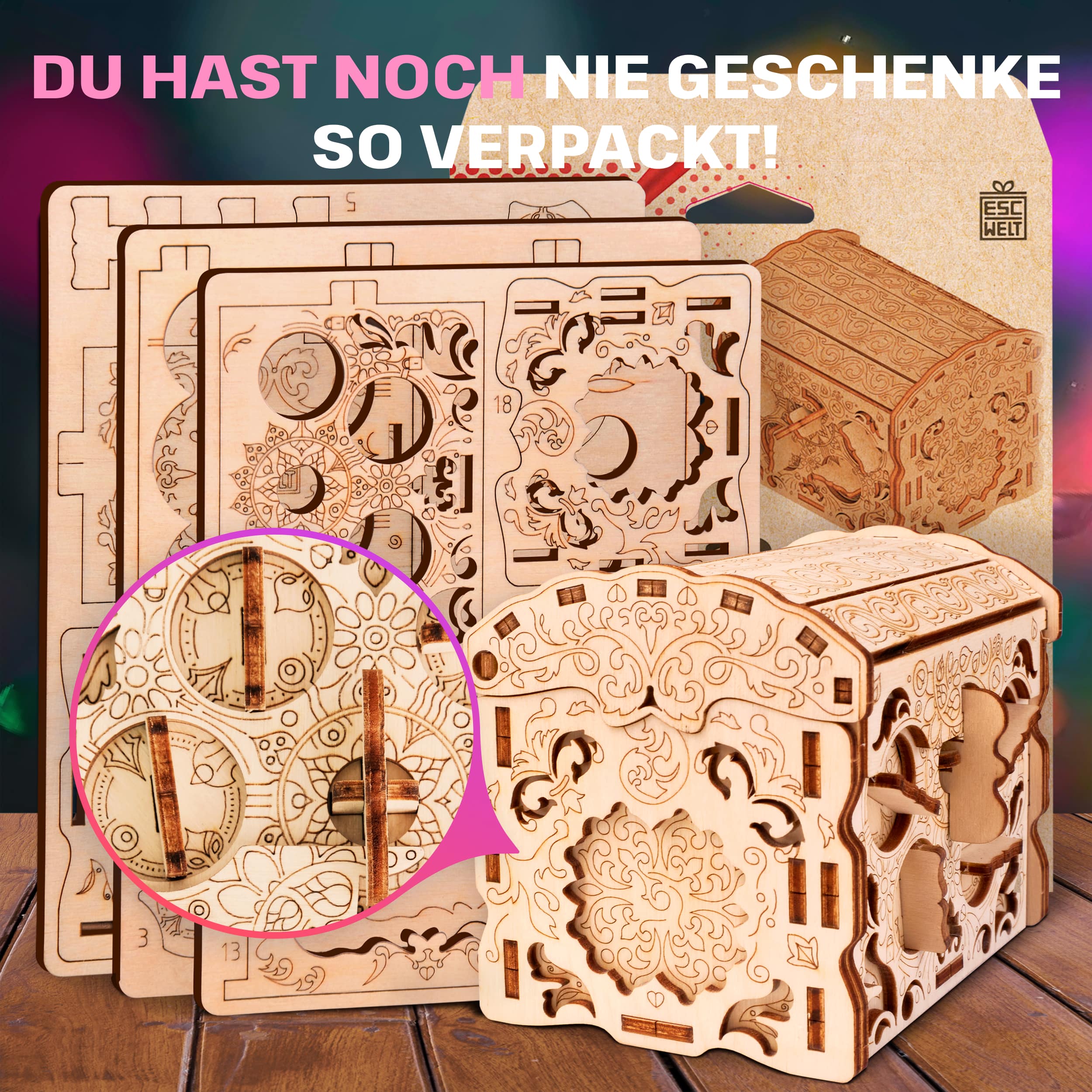 Fotos und Abbildungen von Wooden Secret TREASURE BOX, 3D PUZZLE BAUSATZ ZUM SELBERBAUEN. ESC WELT.